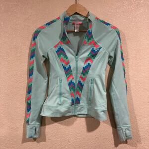 Ivivva lululemon light blue zip up jacket with colorful geometric logo